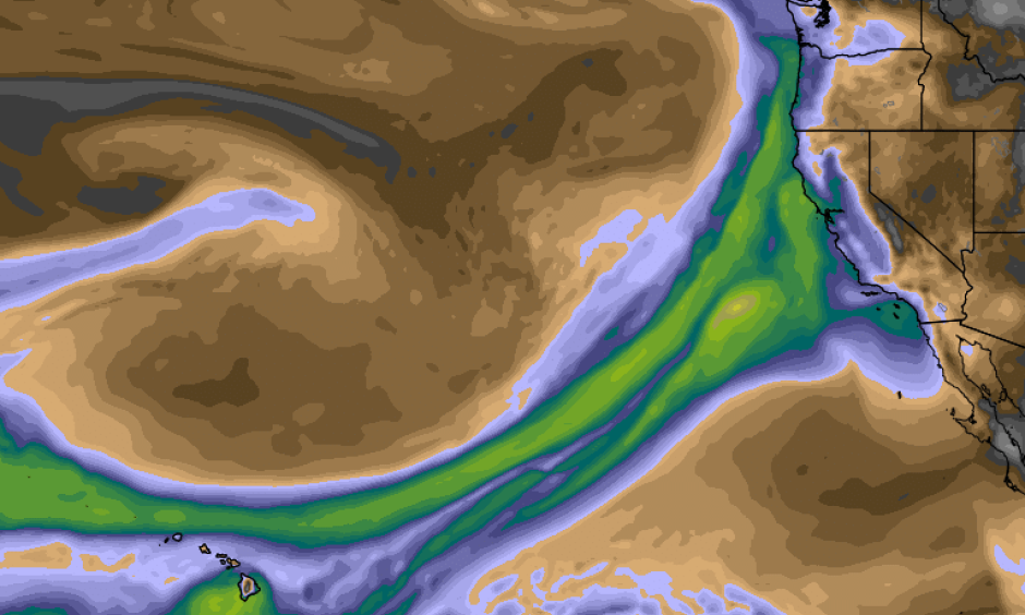 The “pineapple express” is expected to be in full swing on the west coast this weekend, but California’s drought is still as severe as it was a year ago. Image: weatherbell.com