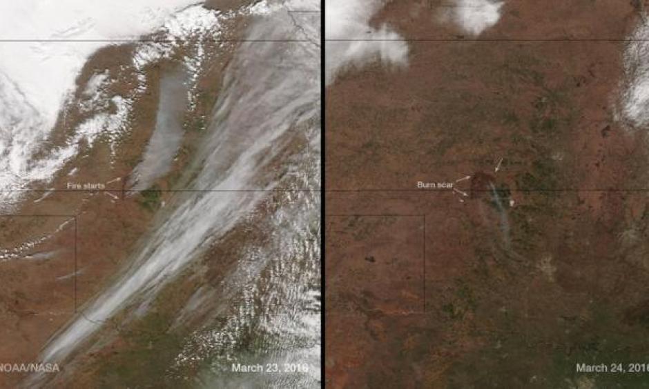 The Anderson Creek wildfire on the Oklahoma-Kansas border is seen NOAA images taken by the Suomi NPP satellite's VIIRS instrument around 3:50 pm ET (1950 GMT) on March 23, 2016, and around 3:30 pm ET (1930 GMT) on March 24, 2016. Image: NOAA