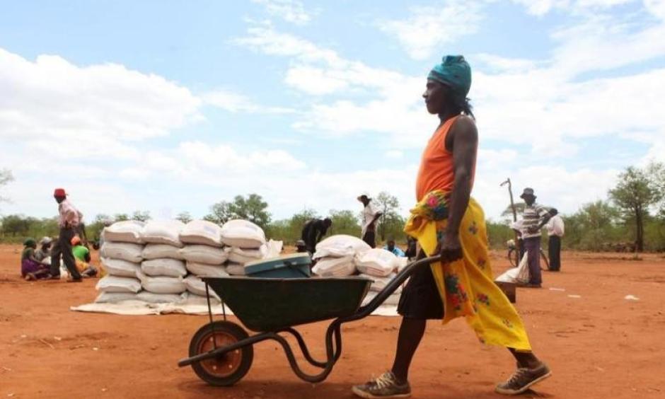 A villager uses a wheelbarrow to collect a monthly food ration provided by the United Nations World Food Programme (WFP) in Masvingo, Zimbabwe, January 25, 2016. Photo: Philimon Bulawayo, Reuters