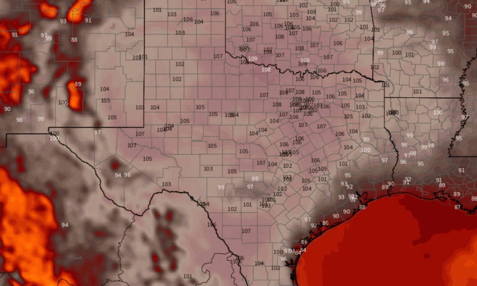 European model forecast highs for the July 19, the first day of a major heat wave. Credit: Weathermodels.com modified by CWG