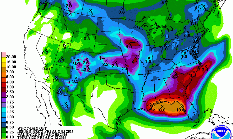 Predicted precipitation for the 7-day period ending Friday, August 12, 2016. Rainfall amounts in excess of five inches (bright orange colors) are expected along a stretch of the Gulf Coast from New Orleans, Louisiana to Tampa, Florida. Image: National Weather Service