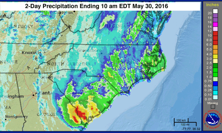 Two-day rainfall amounts from Bonnie for the period ending at 10 am EDT May 30, 2016. Image: National Weather Service