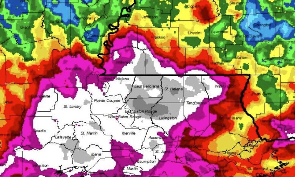 Heaviest rainfall amounts topping 24 inches (darker gray) were east of Baton Rouge, Louisiana. Image: NOAA