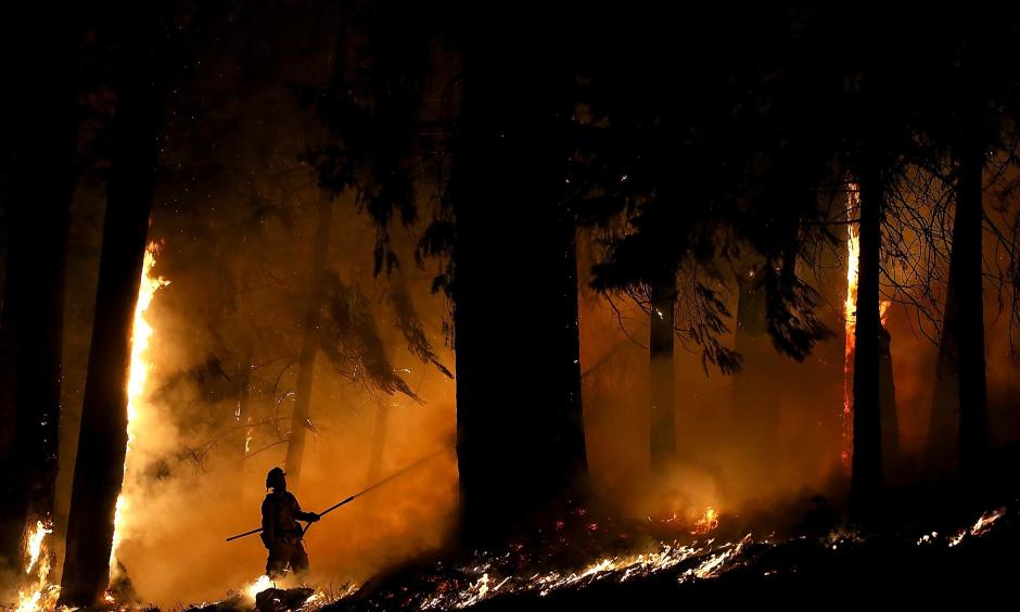 A firefighter monitors a backfire as he battles the King Fire on Sept. 17, 2014, in Fresh Pond (El Dorado County), east of Sacramento. Photo: Justin Sullivan, Getty Images