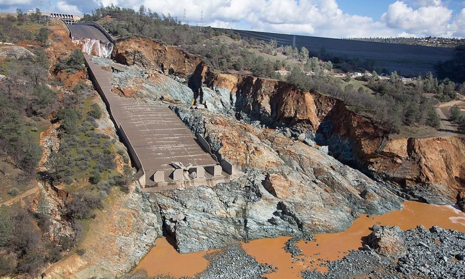 Damage to the spillway at the Oroville Dam is depicted in a photo released by the California Department of Water Resources on Feb. 28, 2017. Credit: CA Dept of Water Resources