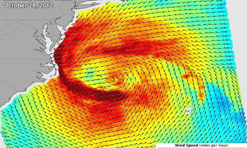 Hurricane Sandy’s wind field on October 28, 2012, when Sandy was a Category 1 hurricane with top winds of 75 mph. This surface wind data is from a radar scatterometer on the Indian Space Research Organization’s (ISRO) Oceansat-2 satellite. Credit: NASA