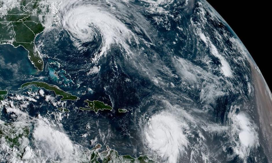 Satellite imagery from NOAA shows Hurricane Jose, along the U.S. East Coast, and Hurricane Maria, in the Atlantic Ocean near the Leeward Islands. Trailing Maria is Tropical Depression Lee. Image: CIRA/CSU and NOAA/NESDIS/RAMMB
