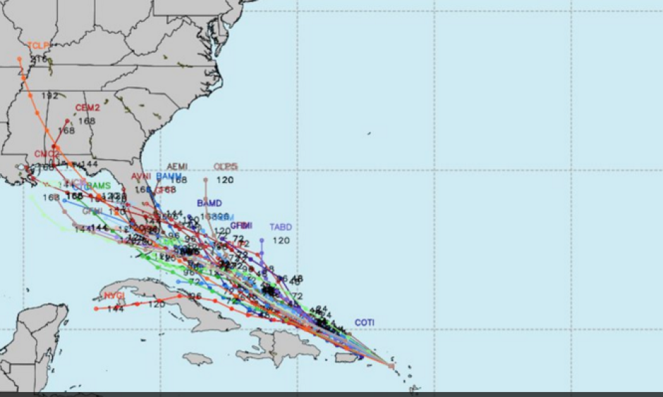 "Spaghetti plot" of forecast projections from computer models on Wednesday morning, August 24, 2016. Image: Weather Bell