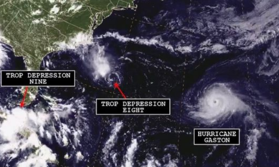 A satellite image shows three separate tropical systems spinning in the Atlantic basin. Photo: NOAA