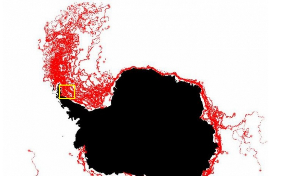 The paths of all icebergs observed by ESA from 1999-2010. The yellow box shows where the Larsen C iceberg will start its journey. Image: ESA