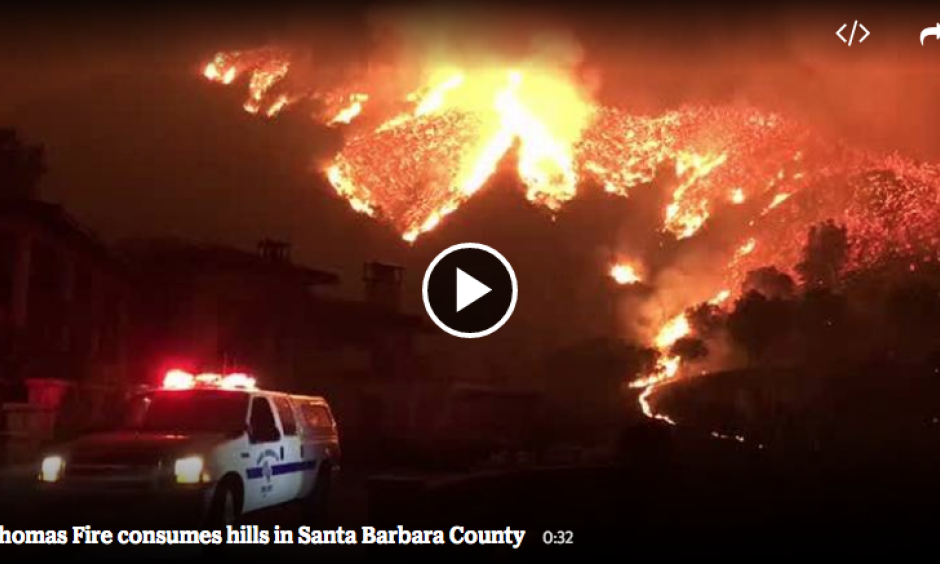 The Santa Barbara County Fire Department shared video of the 230,000-acre Thomas Fire burning in the hills above Bella Vista Drive near Romero Canyon in Montecito on Tuesday, December 12, 2017. Image: Mike Eliason, Santa Barbara County Fire Department