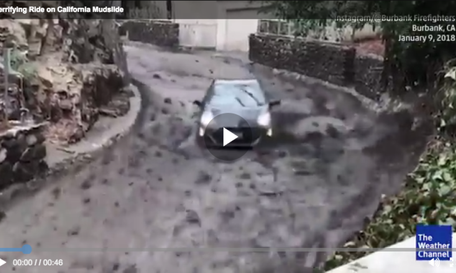 A woman was caught in a mudslide while in her car. It pushed her down a road on a hill, but she survived. Image: The Weather Channel