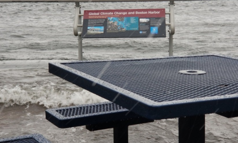 Boston Harbor flooding during a major nor'easter on March 2, 2018. (Look at the sign.) Photo: Matt Beaton on Twitter