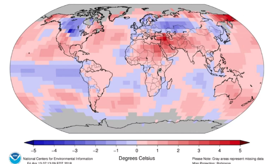 Temperature difference from normal for the first part of 2018 (January through March). Image: NOAA