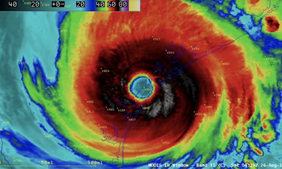 NASA Terra MODIS infrared image of Harvey at 0419 UTC 26 August 2017 just after landfall as a Category 4 hurricane in Texas. Image: UW/CIMSS