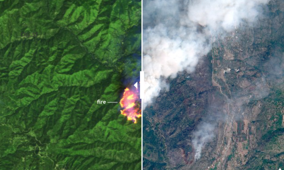 Left: Sentinel satellite image of the 416 Fire in southern Colorado on June 10, 2018, in infrared-enhanced false color. Actively burning areas appear bright yellow, vegetation appears bright green, and burned areas appear reddish brown. Right: Same view in photo-like natural color, which better shows the smoke plume spreading north and east from the fire. Photo: Sentinel Online/European Space Agency