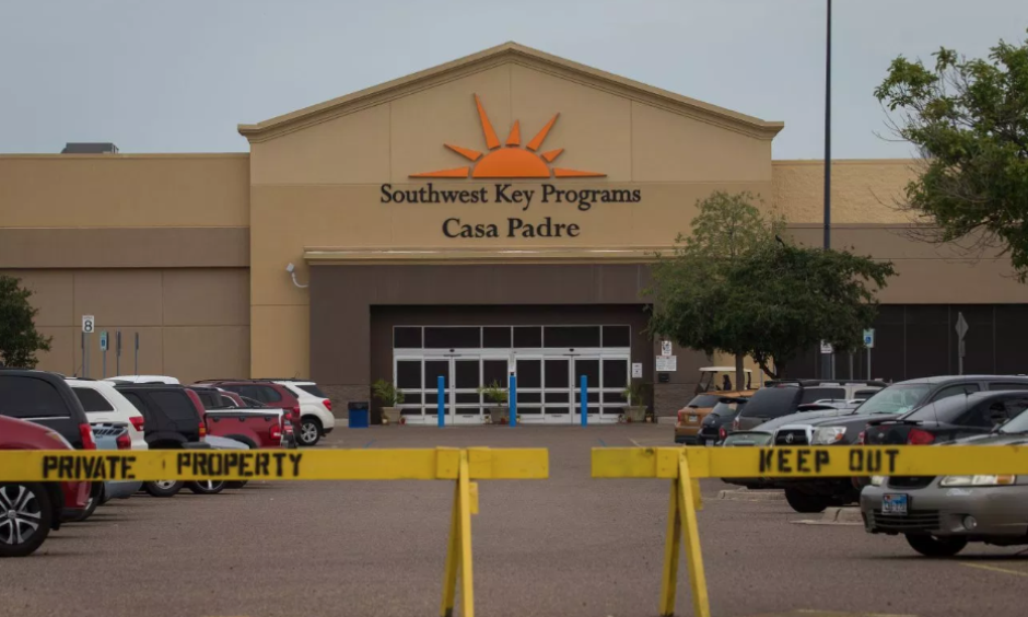 A former WalMart supercenter now being used as a migrant children's shelter is pictured on June 18, 2018 in Brownsville, Texas. Photo: Lauren Elliott, AFP/Getty Images