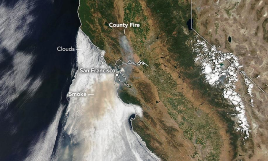 Smoke from the County Fire is seen over California in this image acquired July 1, 2018 by NASA's Aqua satellite. Image: NASA