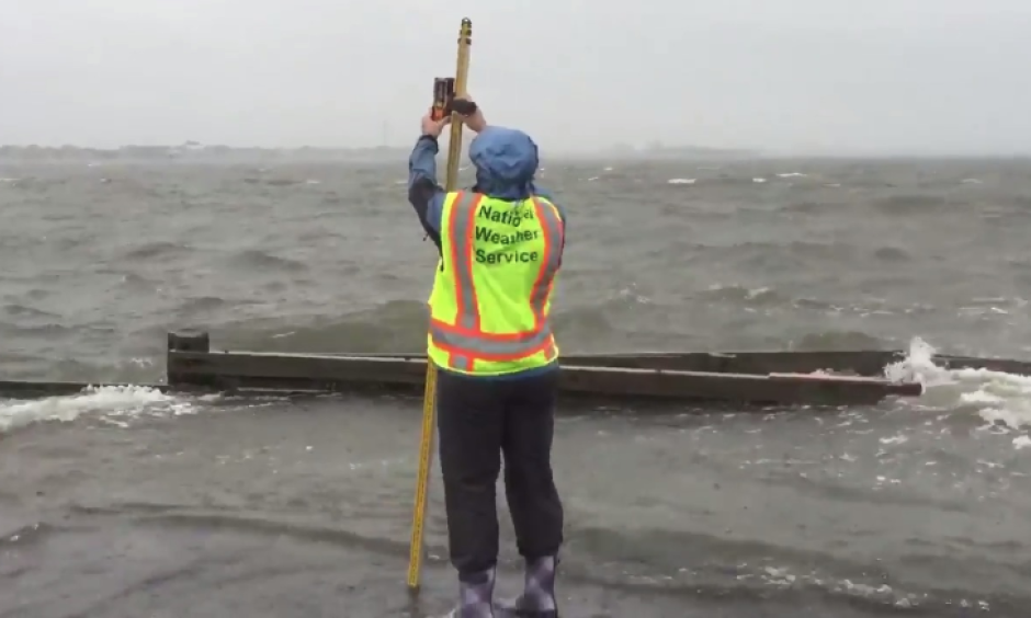 The National Weather Service conducts its first storm survey for Florence. They measured for evidence of storm surge from the Atlantic Intracoastal Waterway at Bogue Sound in Morehead City, North Carolina, Sept. 15, 2018. Photo: NWS Newport/Morehead