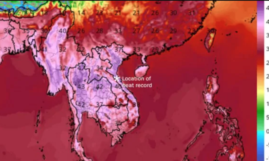This GFS model shows a simulation of temperatures in degrees Celsius on Saturday afternoon in southeastern Asia. Credit: TropicalTidBits