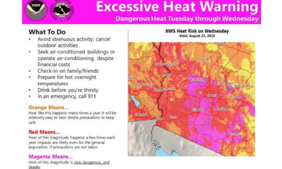 Excessive heat warning for Aug. 21, 2019 from the National Weather Service in Phoenix
