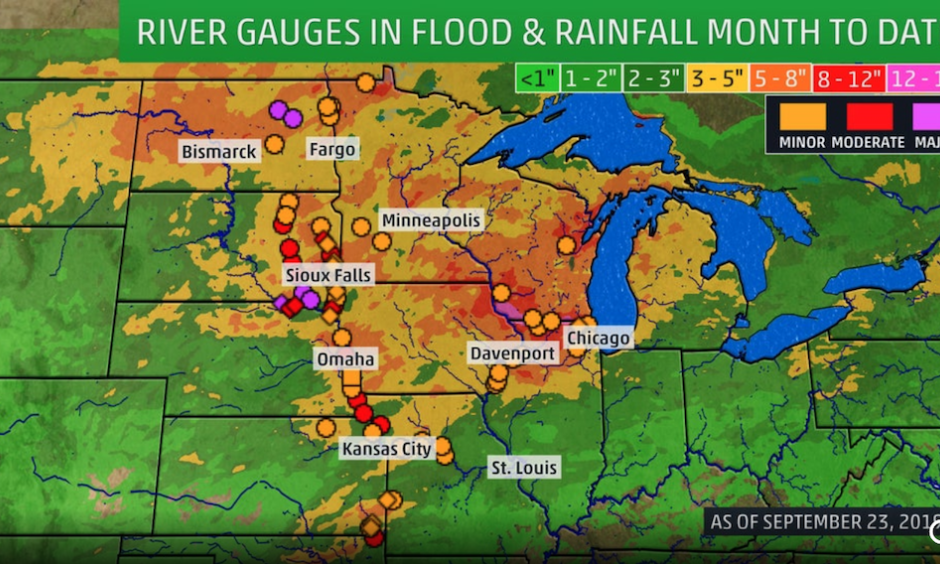 River gauges shown are in minor, moderate or major flooding. Contour on the map is rainfall for the month as of September 23.