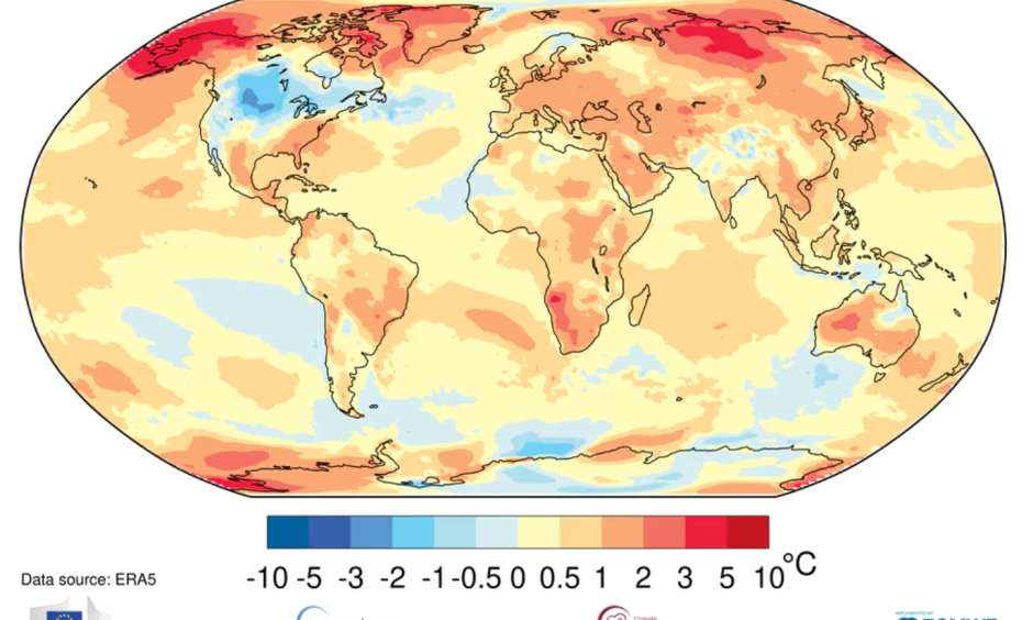 Global average surface temperature departures from average for the January-to-October period. Credit: World Meteorological Organization