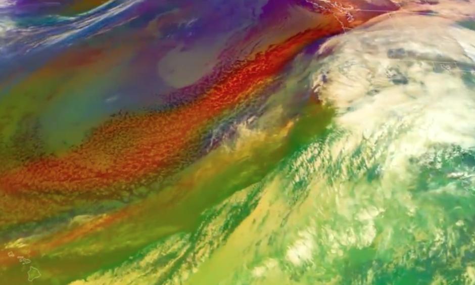 An atmospheric river is channeling moisture near Hawaii toward the West Coast, bringing immense rain and snow. Image: NOAA