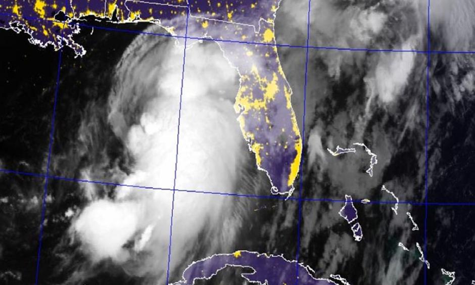 Blended visible/IR satellite image of Tropical Storm Hermine at dawn, 7:45 am EDT September 1, 2016. Image: Navy Research Lab NexSat page