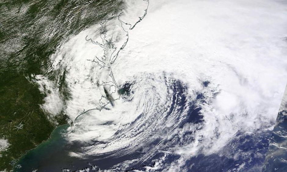 MODIS visible satellite image of Hermine taken at 12:30 pm EDT September 3, 2016. At the time, Hermine was a post-tropical cyclone with top sustained winds of 70 mph. Note the asymmetric shape of the storm, with a comma-like configuration, instead of circular. Image: NASA