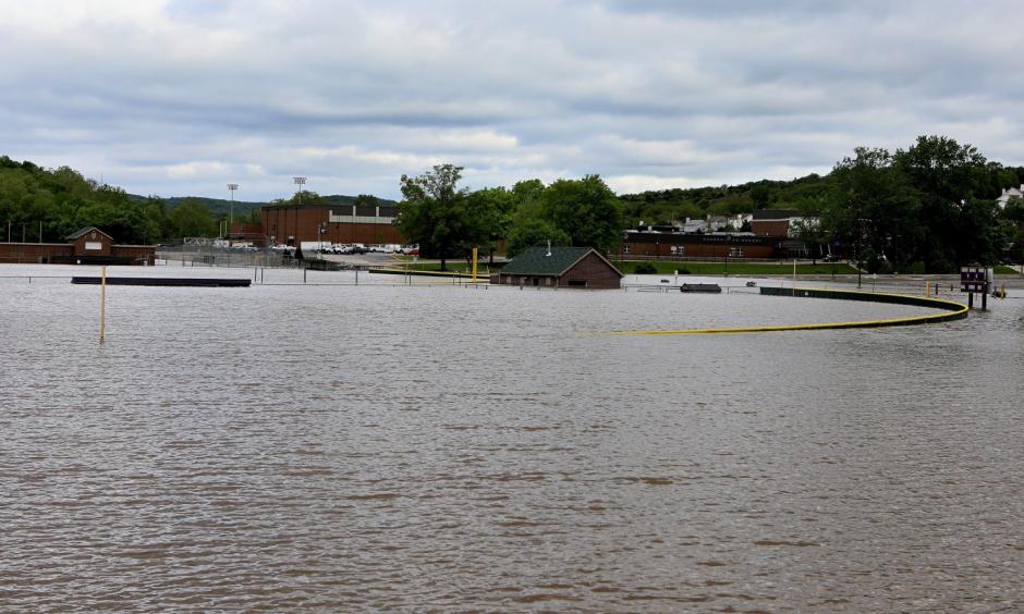 Floodwater from the Meramec River covers athletic fields at Eureka High School in Eureka, Mo., about 30 miles southwest of downtown St. Louis. Photo: David Carson, St. Louis Post-Dispatch via AP