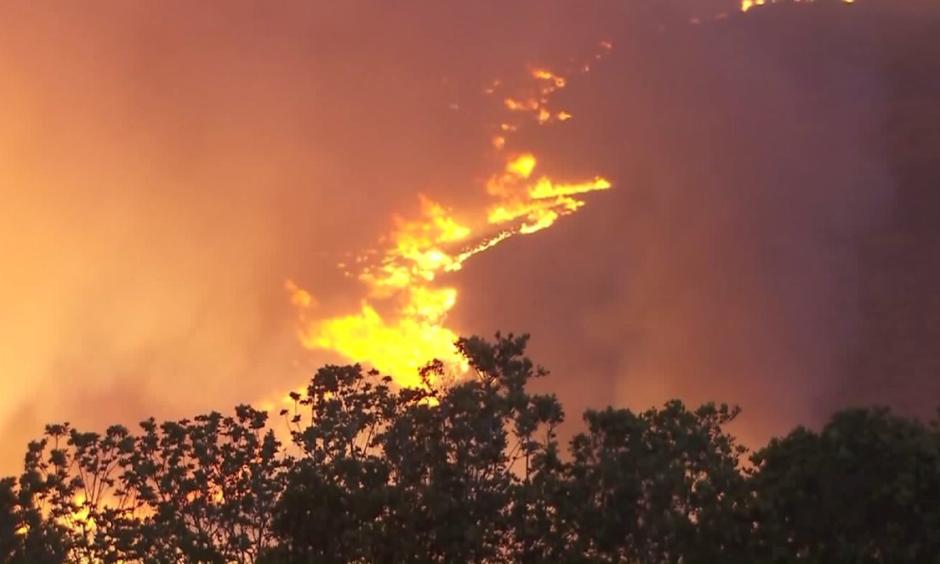 The Sherpa Fire, which broke out west of Goleta on June 15, 2016, burns on a hillside in Santa Barbara County. Photo: KTLA