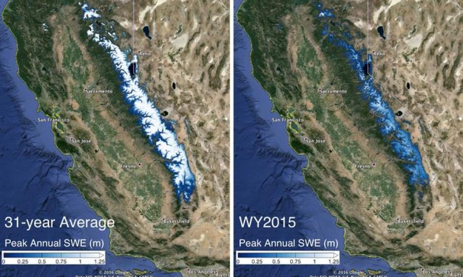 The image on the left shows the 31-year average snow water equivalent in the Sierra Nevada mountains compared with the snow water equivalent in 2015. Image: Steve Margulis/UCLA
