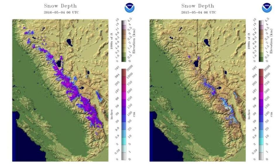 Snowpack comparison in the Sierra Nevada May 4, 2016 (left) to May 4, 2015 (right). As you can see, the amount of snowpack (purple shadings) in the Sierra is much greater than a year ago at this time. Image: NOAA