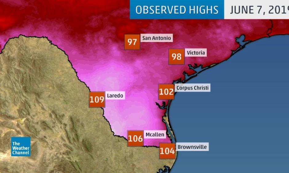 Actual high temperatures in South Texas on Friday, June 7, 2019. Credit: The Weather Channel