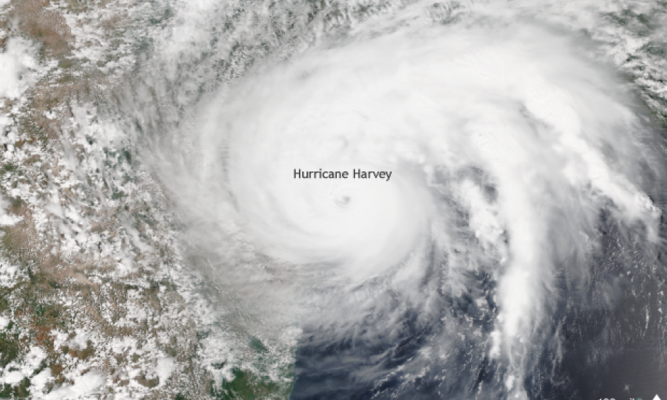 Suomi NPP satellite image taken of Hurricane Harvey on August 25, 2017 using the VIIRS instrument. Harvey made landfall in Texas as a category 4 hurricane. Image: Data provided by the NOAA Environmental Visualization Laboratory.
