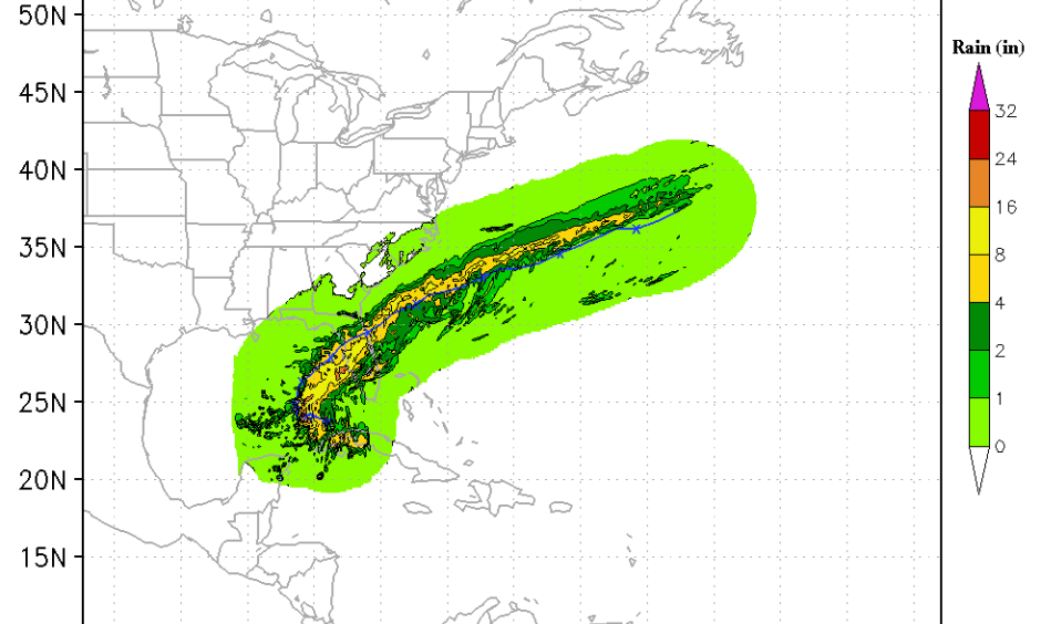 The 12Z (8 am EDT) Monday run of the HWRF model predicted that TD 9 would have top winds of 50 mph at landfall, and would bring copious rains of 8 - 16” along its track across Florida. The HWRF rainfall amounts are likely too high, as the official NHC forecast at 5 pm EDT Monday called for 3 - 7” of rain along TD 9’s track, with isolated amounts of up to 10” along the coast near its landfall location. Image: NOAA/EMC