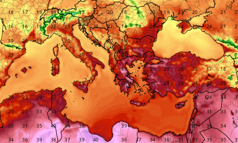 Scorching temperatures affected much of the eastern Mediterranean on Saturday, May 13, 2017. Shown here in degrees C are readings analyzed for 1200Z Saturday (3 PM local time in Athens, Greece). Image: tropicaltidbits