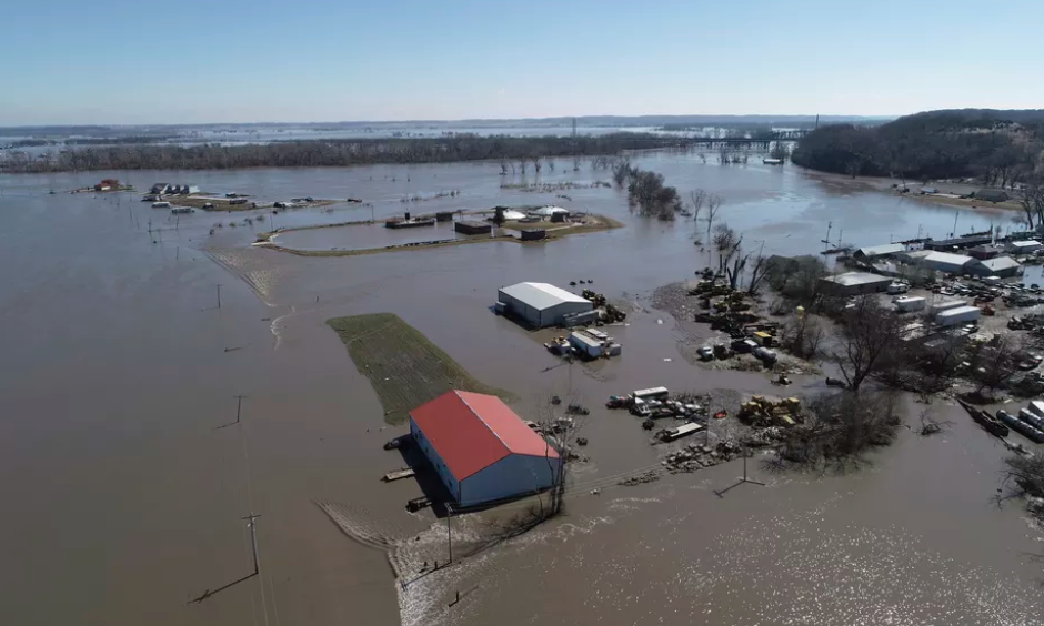 Wednesday, March 20, 2019 aerial photo shows flooding near the Platte River in in Plattsmouth, Nebraska, south of Omaha. The worst of the flooding so far has been in Nebraska, southwestern Iowa and northwestern Missouri. Credit: AP