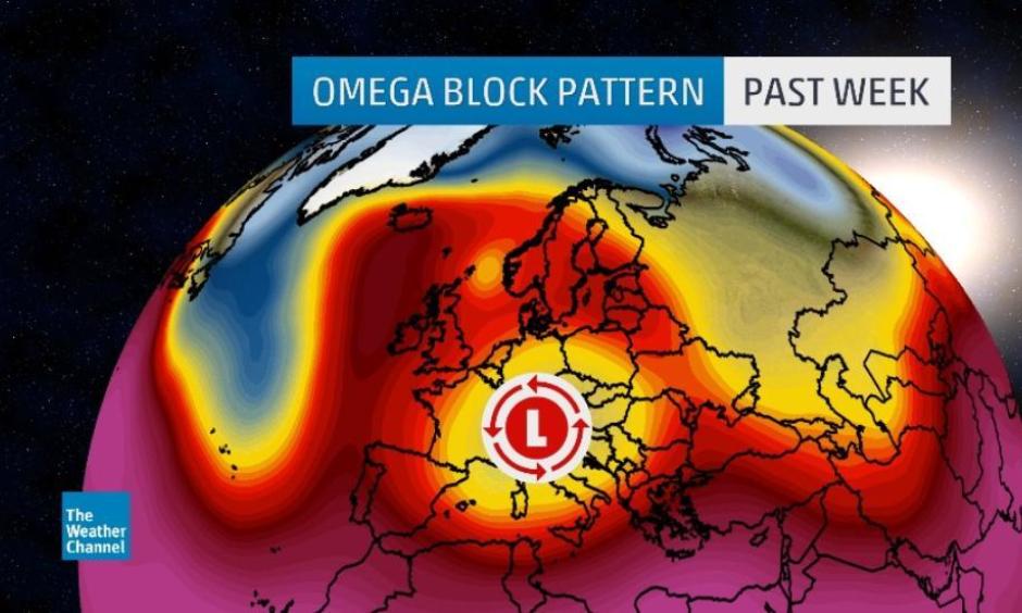 An extreme "omega block" pattern set the stage for incredible rainfall totals and massive flooding across parts of France and Germany. Image: The Weather Channel