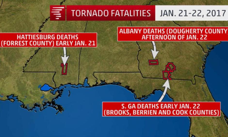 Location of tornado-related deaths Jan. 21-22, 2017. (4 in Hattiesburg, Mississippi; 7 in Cook County, Georgia; 4 in Dougherty County, Georgia; 2 in Brooks County, Georgia; 2 in Berrien County, Georgia). Image: The Weather Channel