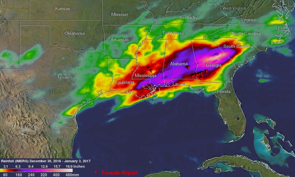 NASA's IMERG estimated total rainfall from Dec. 30, 2016, through early Jan. 3, 2017, at more than 12 inches (305 mm) over the southeastern United States. Red symbols show the locations where some of the numerous tornadoes were reported. Image: Hal Pierce, NASA/JAXA