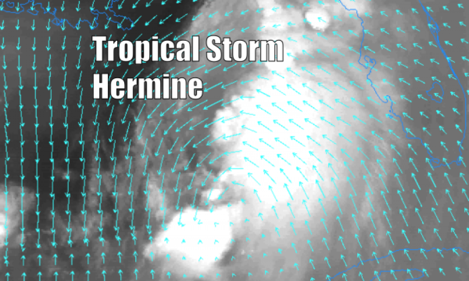 Thursday morning’s water vapor satellite image with superimposed wind vectors, shows an imposing and better organized storm. (College of DuPage Meteorology Read More: Hermine slows down and nudges east: NJ right on the edge. Image: NJ 101.5