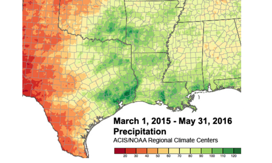 Accumulated precipitation from March 1, 2015 through May 31, 2016 in the south-central U.S. The darker green contours highlight areas that have picked up at least 100 inches of precipitation during that time. Image: ACIS/ NOAA Regional Climate Centers