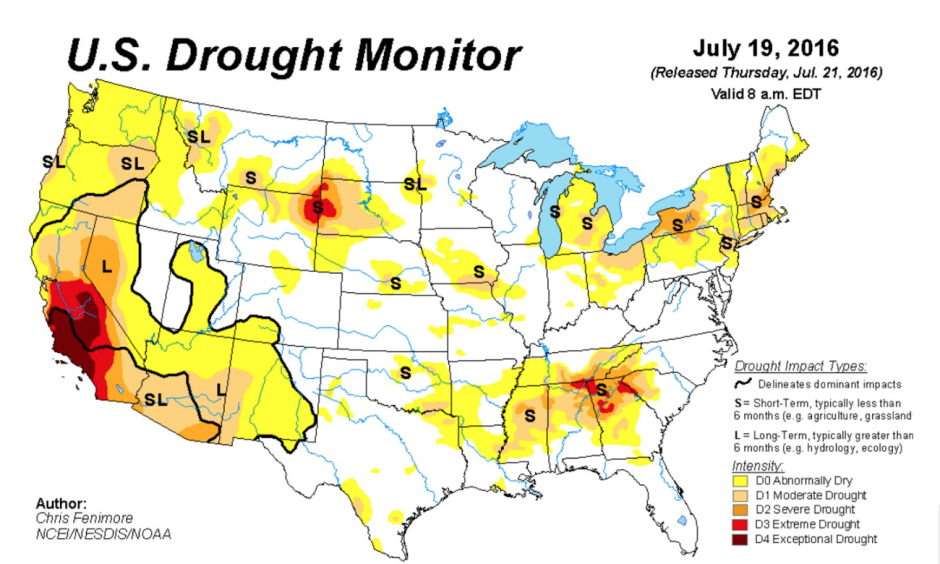 U.S. Drought Monitor as of July 19, 2016. Areas of progressively worse drought are shown by the darker brown contours. "Abnormally dry" areas are shown in yellow. Image: USDA/NDMC/NOAA