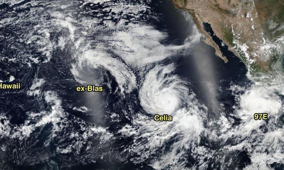 VIIRS visible satellite image of ex-Hurricane Blas, Hurricane Celia, and Invest 97E taken on Sunday afternoon, July 10, 2016. Image: NASA.