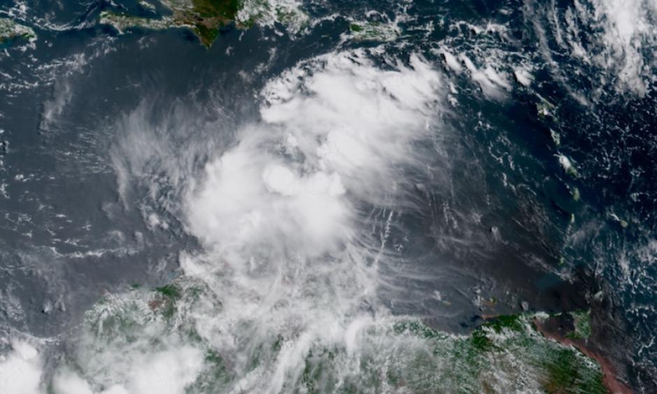 Visible-wavelength GOES-16 image of Tropical Storm Harvey at 1530Z (11:30 am EDT) Saturday, August 19, 2017. Northwesterly wind shear is blowing the tops off of Harvey’s showers and thunderstorms, as seen in the tendrils extending southeastward from the disorganized storm. GOES-16 data are preliminary and non-operational. Photo: RAMMB/CIRA @ CSU