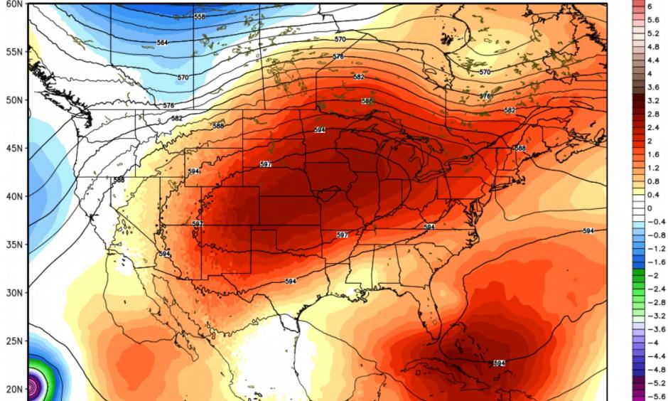 GFS model forecast massive heat dome centered over the central U.S. late next week. Image: WeatherBell