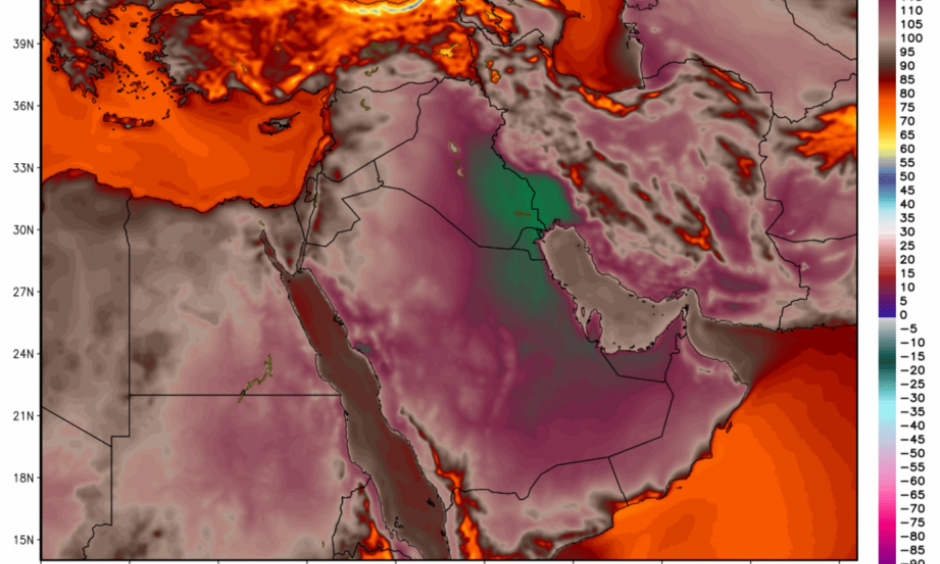 Temperatures simulated by the GFS model in the Middle East on Friday reached 129 degrees (54 Celsius). Image: WeatherBell