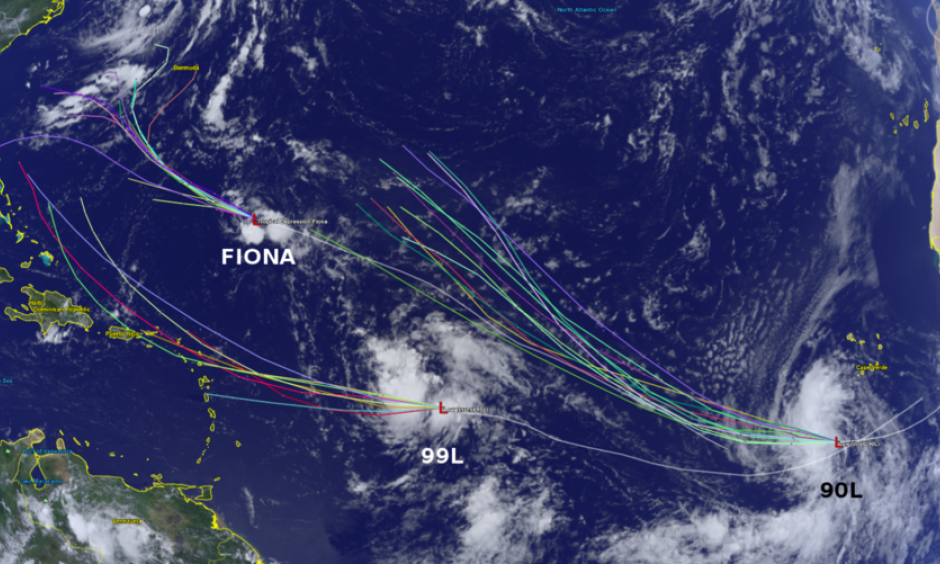 Summary of active tropical disturbances in the Atlantic Ocean and model track projections. Photo: Brian McNoldy